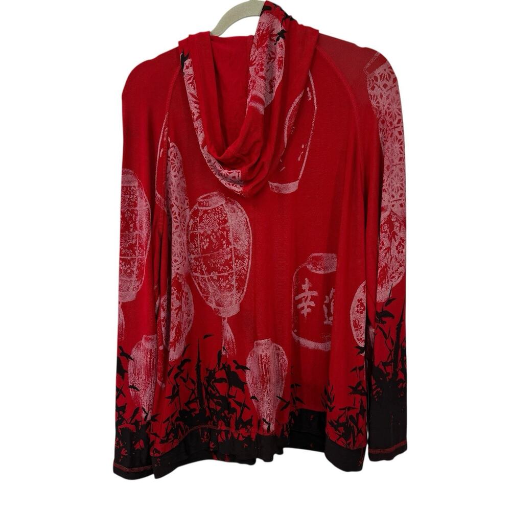 Chicos Travelers Jacket 3 XL Red Black Lantern Print Zip Hooded Art Top - Picture 3 of 11